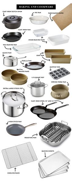 an assortment of cooking utensils and pans on a white background with the words baking and cookware above them