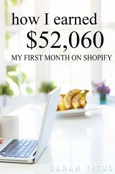 a woman sitting in front of a laptop computer on top of a white table next to a plate of bananas