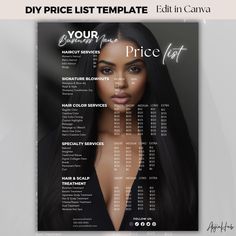 Modèle de tarification des cheveux, modèle de liste de prix modifiable pour les coiffeurs, guide de tarification des coiffeurs, brochure noir et blanc pour salon de coiffure ⭐️ BIENVENUE SUR AHJIN HUB ⭐️ Nous sommes votre source et votre destination pour toutes les idées de modèles. Gardez votre entreprise organisée avec ce modèle de flyer minimaliste et neutre, parfait pour vos réseaux sociaux. Ce modèle de prix est parfait pour les petites entreprises telles que les salons de beauté, les salon Hair Gel Flyer, Hair Stylist Price List, Salon Black And White, Pricing Templates, Spa Business, Hair Business, Price List Template, Pricing Guide, Diy Braids