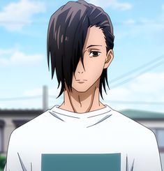 an anime character with black hair and white shirt