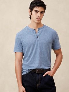 Linen-Blend Henley | Banana Republic Factory Solid Linen Casual T-shirt, Casual Solid Color Henley Neckline T-shirt, Casual Solid Henley Neckline T-shirt, Casual Henley Neckline Tops For Gatherings, Casual Henley Neckline T-shirt, Casual Everyday T-shirt With Henley Neckline, Casual Henley Neckline T-shirt For Everyday, Casual Henley T-shirt For Everyday Wear, Henley Neckline T-shirt With Relaxed Fit For Summer