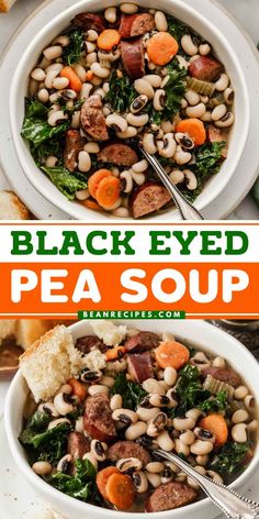 Have a bowl of this easy black eyed pea soup! Full of sausage and Cajun spices, this homemade soup is such a hearty dinner recipe. You're going to love this yummy comfort food! Save this pin! Black Eyed Peas Soup Recipes, Black Eye Pea Soup With Sausage, Black Eye Pea Soup With Sausage Crock Pot, Black Eyed Pea Cabbage Soup, Black Eyed Pea Ham Soup, Black Eye Pea Soup Easy, Black Eyed Pea Soup Crock Pot, Black Eyed Pea Soup With Sausage, New Years Black Eyed Pea Soup