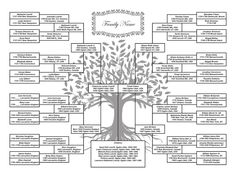 the family tree is shown in black and white, with many names on it's branches