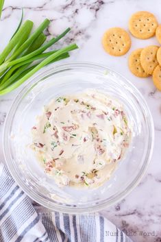 a bowl filled with dip next to crackers and green onions on a marble counter