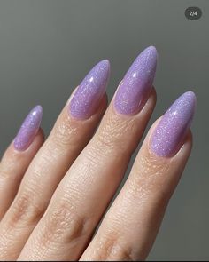 Lilac Shimmer Nails, Short Almond Acrylic Nails Purple, Purple Clear Nails, Polly Pocket Nails, Sparkly Lavender Nails, Light Purple Glitter Nails, Sparkle Purple Nails, Purple Shimmer Nails, Purple Iridescent Nails