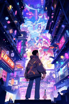 a man standing on top of a platform in front of a city filled with neon lights