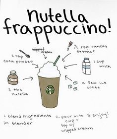 a coffee cup with the words nutella frappuccino on it and instructions to make it