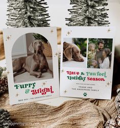 two christmas cards with pictures of dogs on them and pine cones in front of them