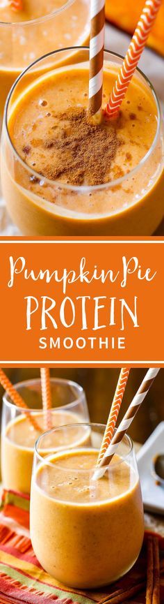 pumpkin pie protein smoothie in glasses with straws