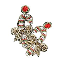 a pair of earrings with red, white and green beads on top of each other