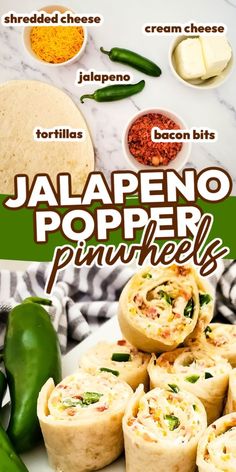 the cover of jalapeno popper pinwheels is shown on a white plate