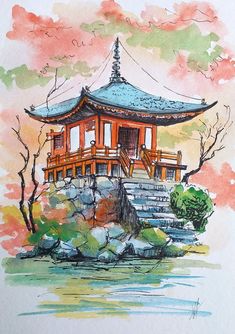 a watercolor painting of a pagoda with steps leading up to it