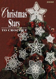 christmas stars to crochet book cover with red ribbon and white snowflakes