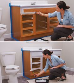 two pictures of a woman working on an unfinished cabinet in a bathroom with the door open