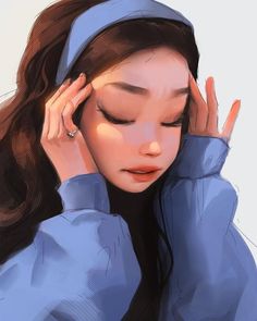 a digital painting of a woman with her hands on her head and wearing a blue jacket