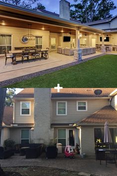 before and after pictures of a house with grass on the lawn