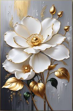 a white flower with gold leaves on a gray background