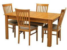 a wooden dining table with four chairs and one chair up against the table, on a white background