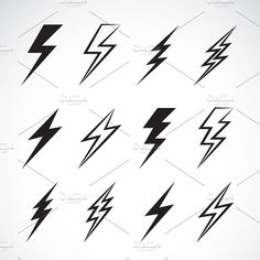 set of black and white lightning symbols