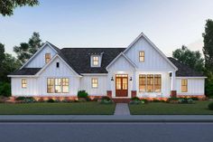 this is an artist's rendering of the front elevation of a house with white siding and brown shingles