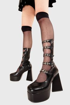 Padlock Platform Calf Boots in Black faux leather.Features adjustable straps with silver circle buckles, a calf-length design on a platform sole with a triangle heel.Ethical and 100% Vegan. Platform Calf Boots, Creeper Boots, Platform Creepers, Knee High Platform Boots, Skull Accessories, Chunky Sandals, Silver Circle, Platform Ankle Boots, Chunky Platform