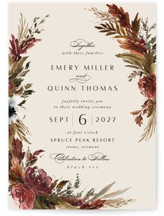 an elegant wedding card with flowers and leaves on the front, in white paper that says merry