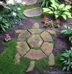 a garden area with stepping stones and flowers in the center, surrounded by green grass