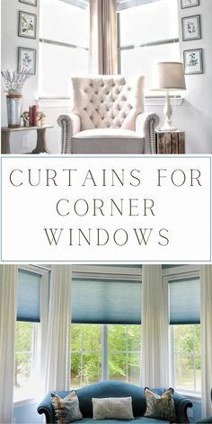 curtains for corner windows with the title overlaying it in white and blue colors