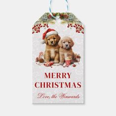 two dogs are sitting next to each other on a christmas gift tag