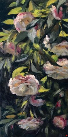 an oil painting of pink flowers and green leaves