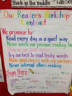 a bulletin board with writing on it in front of a red wall that says our readers workshop