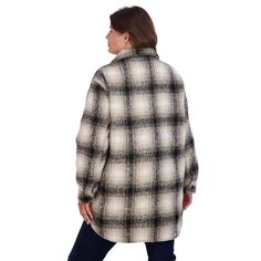 This S.E.B. by SEBBY brushed plaid shirt jacket for women offers a long oversized fit at a great price point. Bringing designer details and all-around comfort, this women's shacket coat will not disappoint. It features roomy side entry pockets for ample storage and to keep your hands warm on chilly days. It features brown faux horn marble buttons for a very refined look. The shaket can be worn as a fall coat and right into the winter as true outerwear layered over heavier top. The brushed wool l Winter Plaid Collared Shacket, Oversized Plaid Outerwear, Trendy Oversized Plaid Outerwear, Oversized Plaid Outerwear For Winter, Plaid Shacket With Relaxed Fit For Winter, Plaid Relaxed Fit Shacket For Winter, Plaid Relaxed Fit Button-up Outerwear, Oversized Flannel Shirt For Fall Workwear, Oversized Plaid Flannel Shirt With Pockets