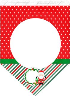 a red and green christmas themed photo frame with santa clause on the front, white circle in center