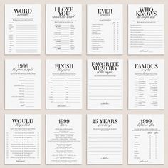 wedding seating chart with black and white typograms on the front, in different font