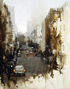 a painting of cars driving down a city street