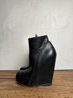 Rick Owens Rick Owens Black Leather Wedge Platform Ankle Boot | Grailed Rick Owens Boots Woman, Rick Owens Wedge Boots, Rick Owens Heels, Rick Owens Womenswear, Rick Owens Boots, Rick Owens Shoes, Black Platform Wedges, Rick Owens Women, Black Leather Wedges