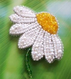 a brooch with pearls and a yellow center on a green leafy surface in the shape of a flower