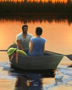 two people sitting in a small boat on the water at sunset with swans floating around