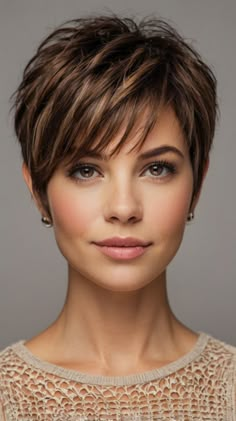 Sleek Short Layered Haircuts Ideas for Edgy Layered Pixie Cut 👑 Winter Pixie Haircut, Pixie Bobs For Fine Hair, Short Hair Makeup Look, Short Pixie Cuts For Older Women, Short Layered Haircuts For Fine Hair, Womens Pixie Haircut, Women’s Short Haircuts Pixie, Feathered Pixie Haircut, Stacked Pixie Haircut