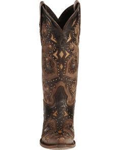 Lucchese Women's Studded Scarlette Western Boots, Cafe Western Brown Boots With Rivets, Brown Heeled Boots With Leather Lining And Snip Toe, Traditional Brown Boots For Western-themed Events, Traditional Hand-tooled Brown Boots, Traditional Brown Boots For Fall, Fancy Embroidery, Chocolate Leather, Handmade Chocolates, Cowgirl Boots