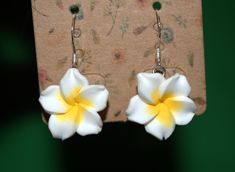 Handmade 3D Polymer Clay White Plumeria Flower drop earrings. Earring hook is Sterling Silver with S925 stamp. A cute Hawaiian look for the Spring, Summer, or any occasion. Sterling Silver Earrings With 3d Flowers For Gift, Small White Earrings For Gift, White Plumeria, Accessories Board, Flower Drop Earrings, Earring Hook, Le Crochet, Favorite Jewelry, Jewelry Earrings Dangle