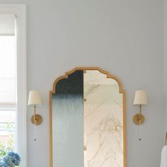 a bathroom with a mirror and two lamps on the wall