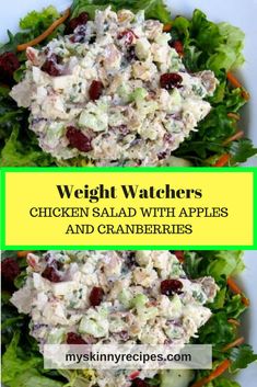 chicken salad with apples and cranberries is shown in two separate images, the top one has an image of weight watchers on it