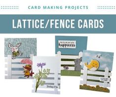 the front cover of a card making project, lattice / fence cards with images of animals and flowers