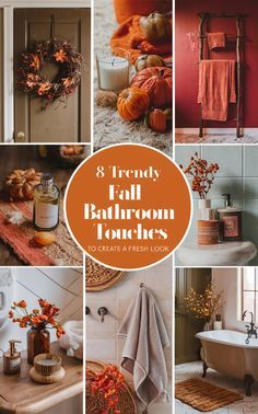 a collage of photos with pumpkins and fall colors in them, including bathroon towels