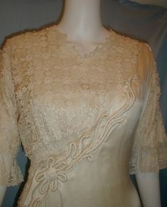 Exquisite Antique Edwardian Wedding Dress 1912 Ivory Satin and Lace | eBay Elegant Fitted Cream Victorian Dress, Historical Design Wedding Dress With Fitted Bodice, Historical Wedding Dress With Fitted Bodice, Elegant Cream Victorian Dress With Fitted Bodice, Fitted Beige Victorian Wedding Dress, Beige Fitted Victorian Wedding Dress, Elegant Beige Victorian Dress For Formal Occasions, Fitted Wedding Gown With Historical Design, Elegant Victorian Wedding Dress With Fitted Bodice