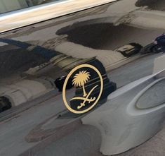 a close up view of the emblem on a car's side window, with palm trees in the background