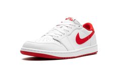 The Air Jordan 1 Low OG "University Red" is a timeless white-and-red colorway of the retro basketball shoe in low-top form.  The versatile “University Red” Jordan 1 Low OG features a white leather upper with tonal leather overlays and a University Red leather Swoosh.  More University Red accenting appears on the heel tab, inner lining, and on the “Nike Air” branding on the tongue.  A white rubber midsole and red rubber outsole complete the look.  Release date: October 13, 2023 Red Jordans, Retro Basketball Shoes, Air Jordan 1 Retro High Og, Air Jordan 1 Retro High, Stadium Goods, Kids Jordans, Air Jordan 1 Low, Jordan 1 Low, Air Jordan 1 Retro