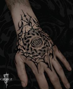 a person's hand with black ink on it and an eye in the middle