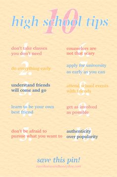 a poster with the words high school tips written in different colors and font on it